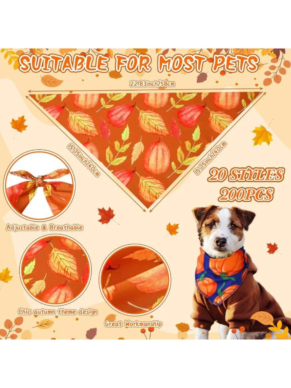 200 Pcs Fall Dog Bandanas Set for Small Medium Pets - Cute Puppy Accessories